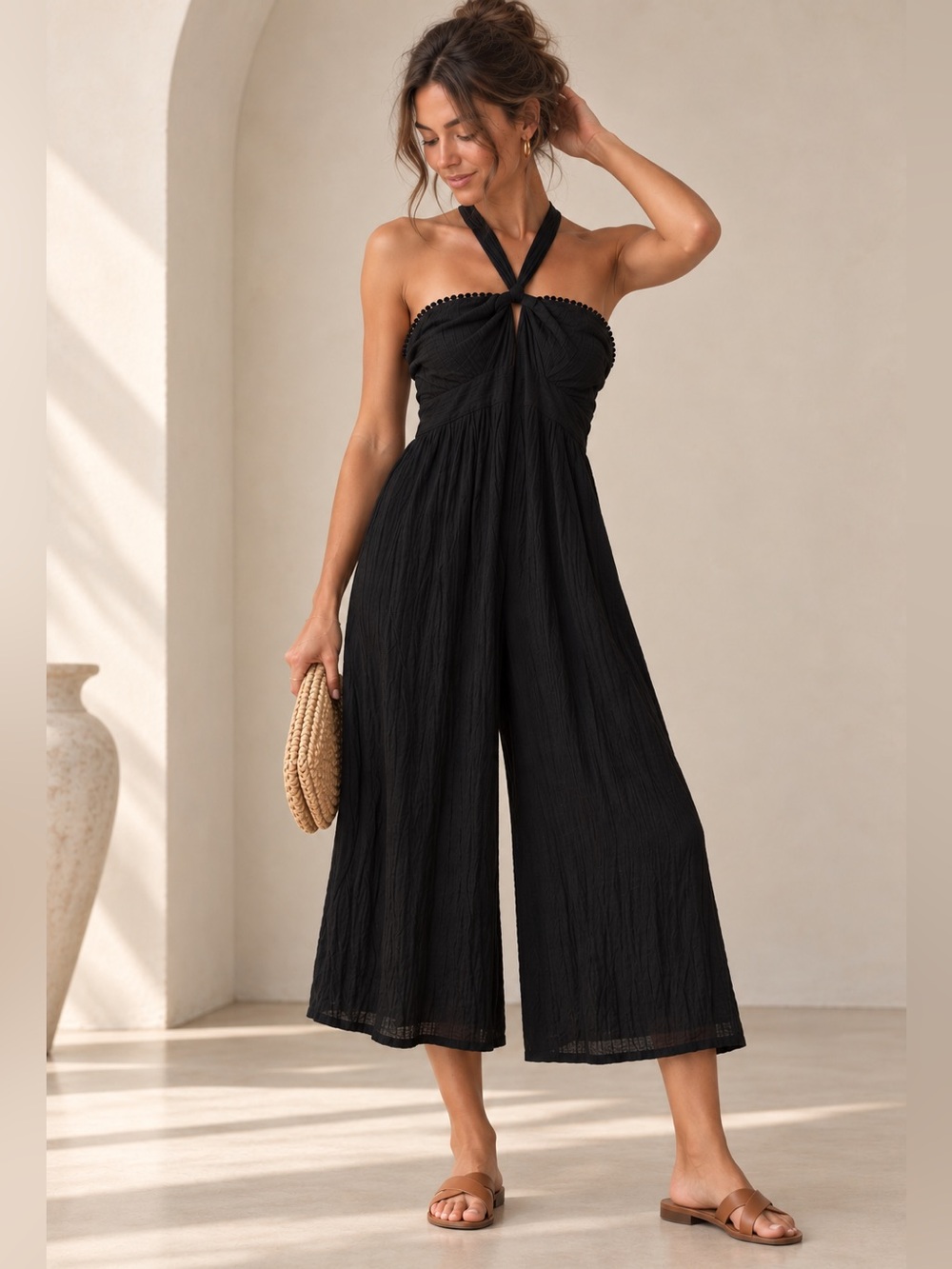 Maeve Anthropologie Black Textured Halter Wide Leg Jumpsuit Size 2